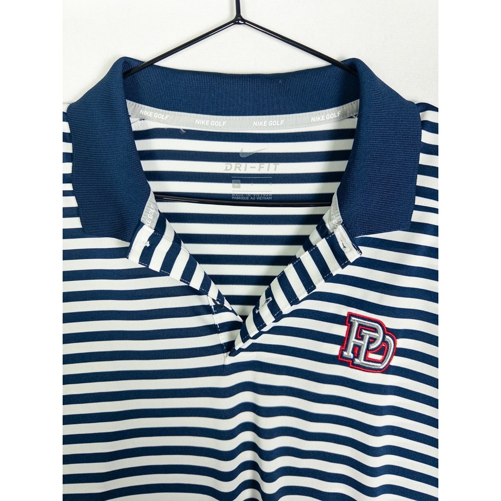Nike Golf Dri-Fit Mens Navy White Striped Short Sleeve Polo Shirt PD Logo Large